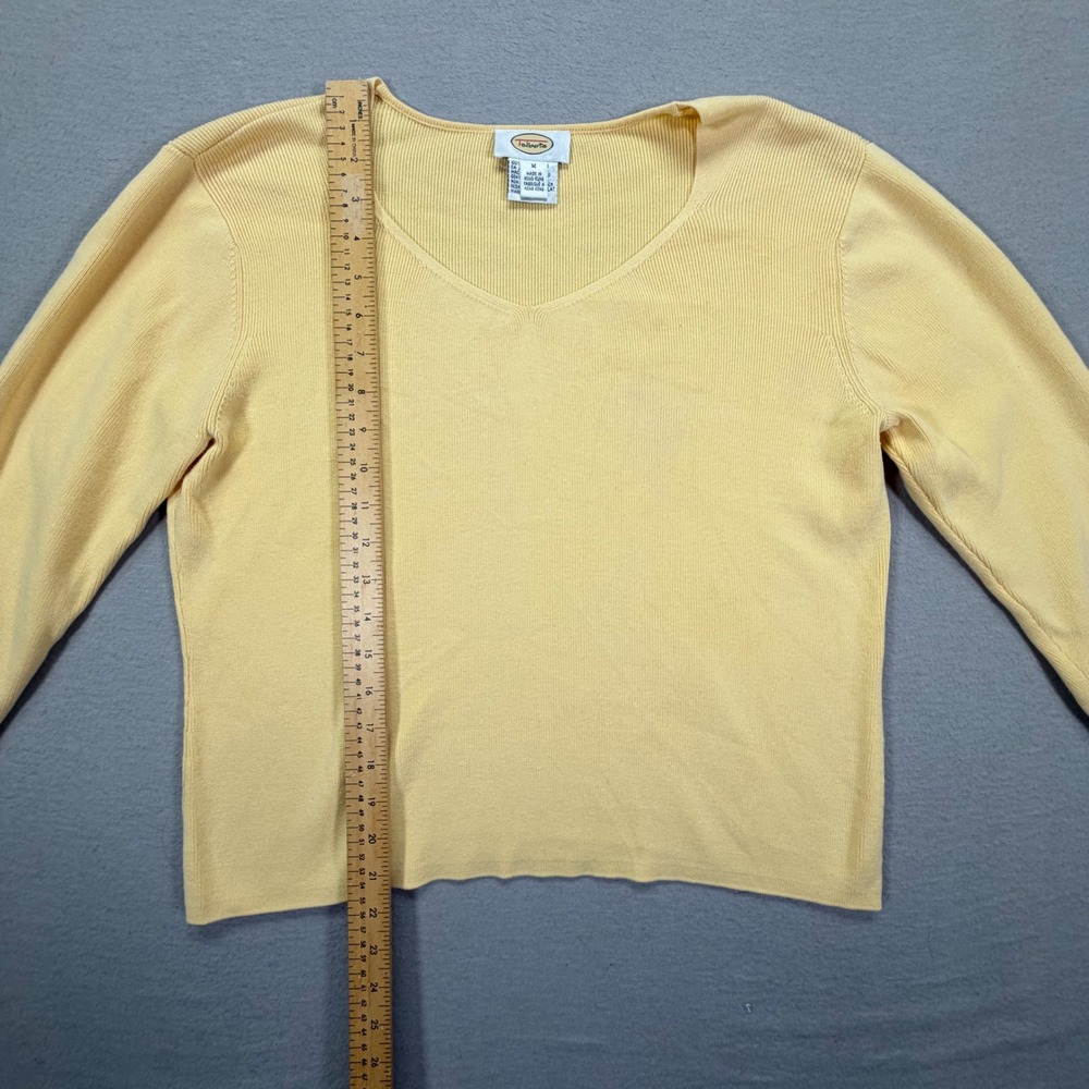 Talbots Ribbed Sweater Womens Medium Good Yellow 100% Cotton V-Neck 3/4 Sleeve - Picture 2 of 7